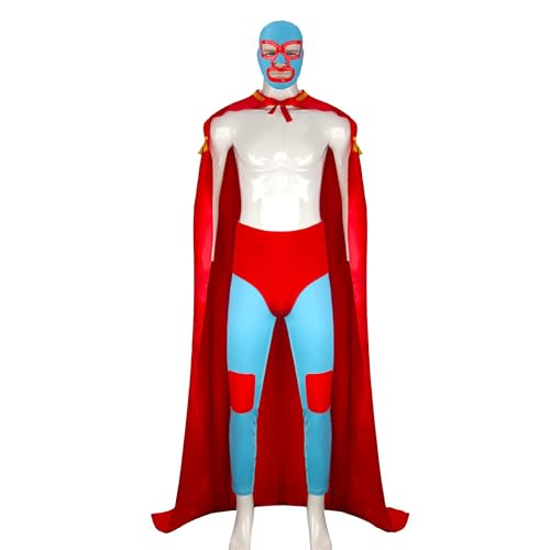 Hongsuny Erwachsene Nacho Libre Kostüm Mexikanischer Wrestler Kostüm mit Maske Verrückter Priester Rot Langer Umhang Halloween Party Cosplay Outfits von Hongsuny