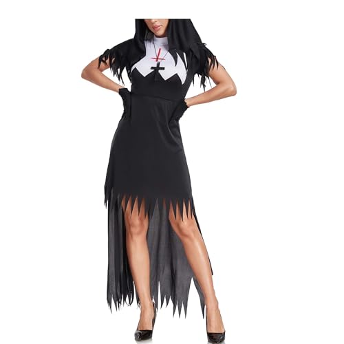 Hongsuny Frauen Schreckliche Nonne Kostüm Erwachsene Untote Schwester Mary Catherine Kostüm Schwarz Scary Exorzist Halloween Outfit von Hongsuny