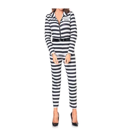 Hongsuny Frauen Schwarz/Weiß gestreift Gefängnis Jumpsuit Erwachsene Gefangene Kostüm Set Halloween Gefangene Cosplay Kostüm von Hongsuny