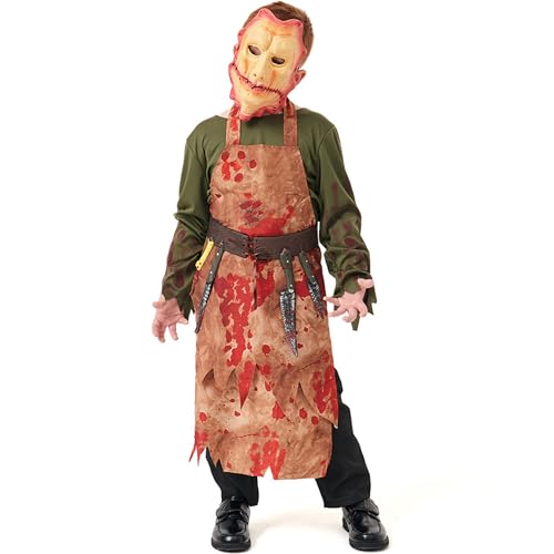 Hongsuny Kinder Halloween Blutige Metzger Kostüme Halloween Zombie Cosplay Anzüge Ledergesicht Maske und Metzger Messer von Hongsuny