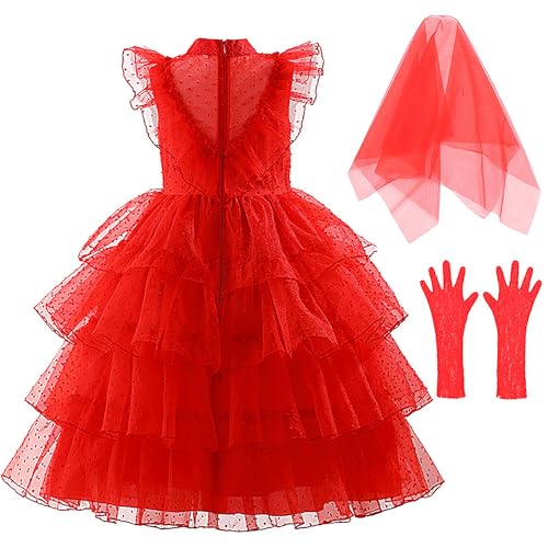 Lydia Kostüm für Kinder Mädchen Saft Braut Rotes Kleid Hochzeit Halloween Cosplay Kleid Outfit mit Schleier Handschuhe von Hongsuny