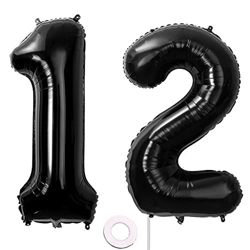 40 Zoll Luftballons Zahle 12 jahre Geburtstag deko Schwarz XXL 100cm Zahlenballon 12 Schwarz Nummer Riesen Folienballon 12 BallonZahl 12 Heliumballon Luftballons 12 Geburtstag Deko Mädchen Junge (12) von Hongyantech