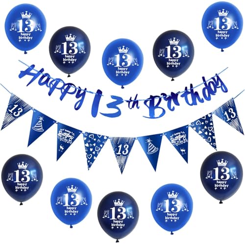 Blau Girlande Happy 13th Birthday Banner + 13 Geburtstag Dreiecksflaggen + 13 pcs 13 Geburtstag luftballons 13 Geburtstag deko für jungen,deko 13. Geburtstag jungen geburtstagsdeko 13 jahre junge von Hongyantech