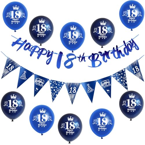 Blau Girlande Happy 18th Birthday Banner + 18 Geburtstag Dreiecksflaggen + 18 pcs 18 Geburtstag luftballons 18 Geburtstag deko für jungen,deko 18. Geburtstag jungen geburtstagsdeko 18 jahre junge von Hongyantech