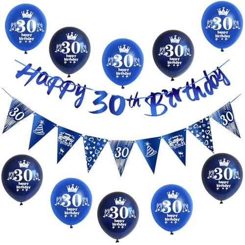 Blau Girlande Happy 30th Birthday Banner + 30 Geburtstag Dreiecksflaggen + 30 pcs 30 Geburtstag luftballons 30 Geburtstag deko für mann,deko 30. Geburtstag mann geburtstagsdeko 30 jahre männer von Hongyantech