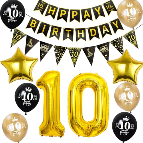 Luftballon 10. Geburtstag Dekoration Junge Mädchen Schwarz Gold 10 Geburtstag Junge Party Deko geburtstagsdeko 10 jahre Mädchen 10 Geburtstag Banner Wimpelkette 10 Geburtstag Junge Dekoration von Hongyantech