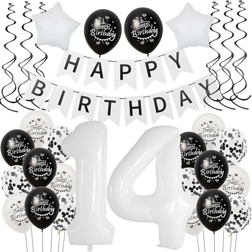 Luftballon 14. Geburtstag Schwarz weiß, Geburtstagsdeko 14 Jahre Junge Mädchen Schwarz Ballon deko 14.Geburtstag Mädchen,Riesen Folienballon 14 Happy Birthday Tortendeko 14 Geburtstag Mädchen weiß von Hongyantech