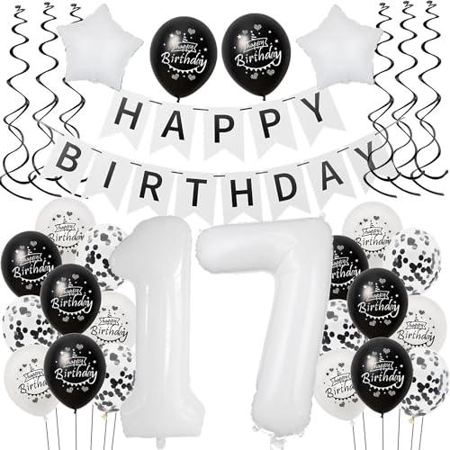 Luftballon 17. Geburtstag Schwarz weiß, Geburtstagsdeko 17 Jahre Junge Mädchen Schwarz Ballon deko 17.Geburtstag Mädchen,Riesen Folienballon 17 Happy Birthday Tortendeko 17 Geburtstag Mädchen weiß von Hongyantech