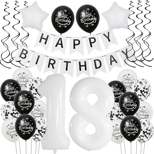 Luftballon 18. Geburtstag Schwarz weiß, Geburtstagsdeko 18 Jahre Junge Mädchen Schwarz Ballon deko 18.Geburtstag Mädchen ,Riesen Folienballon 18 Happy Birthday Tortendeko 18 Geburtstag Mädchen weiß von Hongyantech