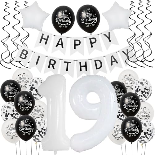 Luftballon 19. Geburtstag Schwarz weiß, Geburtstagsdeko 19 Jahre Junge Mädchen Schwarz Ballon deko 19.Geburtstag Mädchen,Riesen Folienballon 19 Happy Birthday Tortendeko 19 Geburtstag Mädchen weiß von Hongyantech