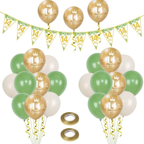Luftballons 14. Geburtstag Junge Mädchen deko,23 Pcs oliv-grün gold Latex ballons, Girlande 14 Geburtstag Party Dekorationen Luftballons für Mädchen Jungen Geburtstagsdeko 14 Jahre Wimpelkette von Hongyantech