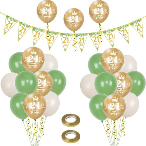 Luftballons 21. Geburtstag Mann Frauen deko,23 Pcs oliv-grün gold Latex ballons,Girlande 21 Geburtstag Party Dekorationen Luftballons für Frauen Männer Geburtstagsdeko 21 Jahre Wimpelkette von Hongyantech