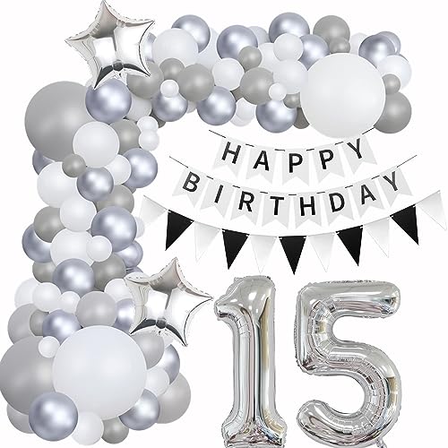 Luftballons Girlande 15 Geburtstag Deko Mädchen Junge Luftballons Silber grau Weiß deko 15. Geburtstag Mädchen Junge 15 Jahre Geburtstagdeko Silber Happy 15 Birthday Girlande Ballons Deko Weiß von Hongyantech