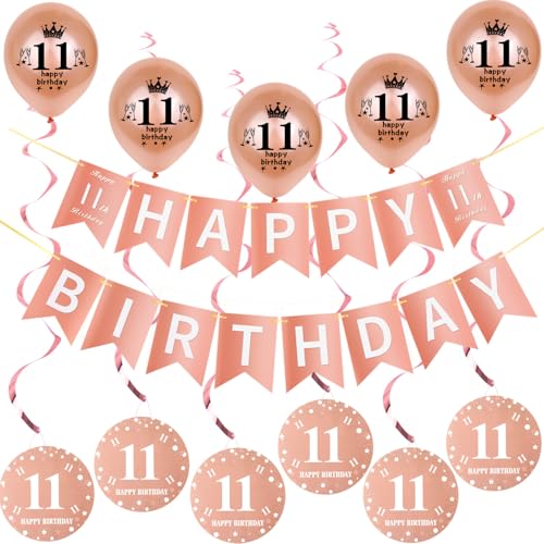 Rosegold Girlande Happy 11th Birthday Banner +Dreiecksflaggen + 11 Geburtstag Hängedeko Spiralen + 5 pcs Happy 11th Birthday luftballons 11.Geburtstag deko für Mädchen,11 Geburtstag Mädchen deko von Hongyantech