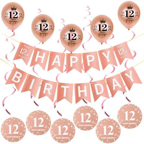 Rosegold Girlande Happy 12th Birthday Banner +Dreiecksflaggen + 12 Geburtstag Hängedeko Spiralen + 5 pcs Happy 12th Birthday luftballons 12.Geburtstag deko für Mädchen,12 Geburtstag Mädchen deko von Hongyantech