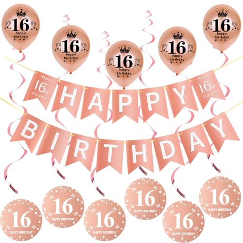 Rosegold Girlande Happy 16th Birthday Banner +Dreiecksflaggen + 16 Geburtstag Hängedeko Spiralen + 5 pcs Happy 16th Birthday luftballons 16.Geburtstag deko für Mädchen,16 Geburtstag Mädchen deko von Hongyantech