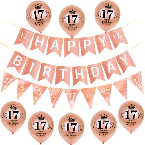 Rosegold Girlande Happy 17th Birthday Banner +17th Geburtstag Triangle Flag Banner + 8 pcs Happy 17th Birthday luftballons 17.Geburtstag deko für Mädchen,17 Geburtstag Mädchen party dekoration von Hongyantech