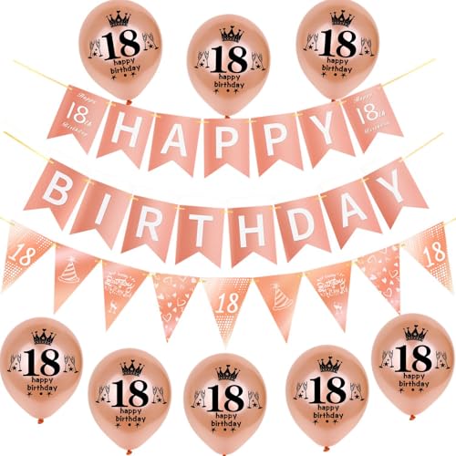 Rosegold Girlande Happy 18th Birthday Banner +18th Geburtstag Triangle Flag Banner + 8 pcs Happy 18th Birthday luftballons 18.Geburtstag deko für Mädchen,18 Geburtstag Mädchen party dekoration von Hongyantech