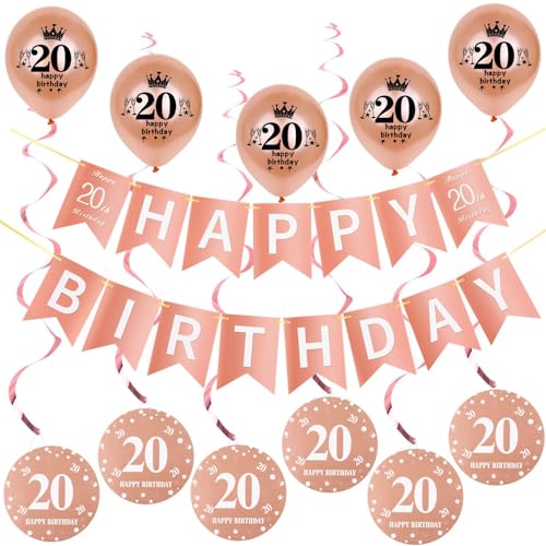 Rosegold Girlande Happy 20th Birthday Banner +Dreiecksflaggen + 20 Geburtstag Hängedeko Spiralen + 5 pcs Happy 20th Birthday luftballons 20.Geburtstag deko für Mädchen,20 Geburtstag Mädchen deko von Hongyantech