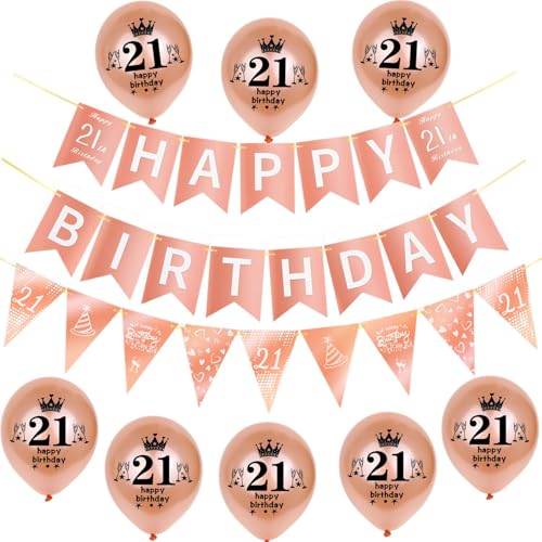 Rosegold Girlande Happy 21th Birthday Banner +21th Geburtstag Triangle Flag Banner + 8 pcs Happy 21th Birthday luftballons 21.Geburtstag deko für Frau Mädchen,21 Geburtstag Frauen party dekoration von Hongyantech