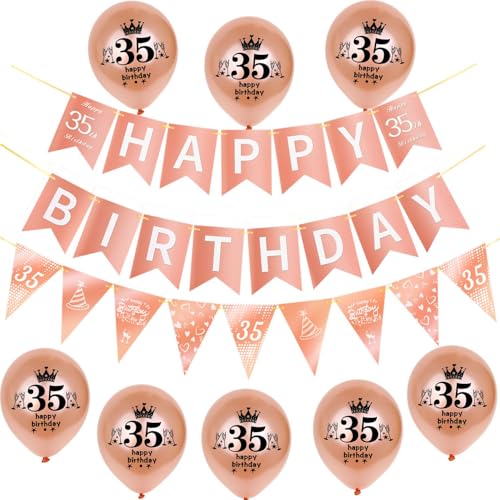 Rosegold Girlande Happy 35th Birthday Banner +35th Geburtstag Triangle Flag Banner + 8 pcs Happy 35th Birthday luftballons 35.Geburtstag deko für Frau Mädchen,35 Geburtstag Frauen party dekoration von Hongyantech