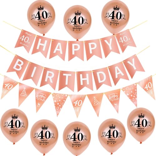 Rosegold Girlande Happy 40th Birthday Banner +40th Geburtstag Triangle Flag Banner + 8 pcs Happy 40th Birthday luftballons 40.Geburtstag deko für Frau Mädchen,40 Geburtstag Frauen party dekoration von Hongyantech