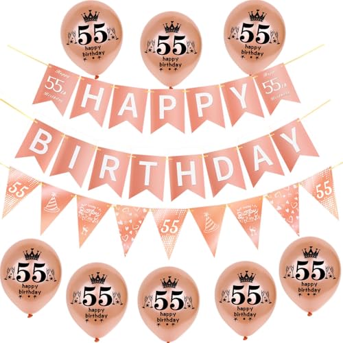 Rosegold Girlande Happy 55th Birthday Banner +55th Geburtstag Triangle Flag Banner + 8 pcs Happy 55th Birthday luftballons 55.Geburtstag deko für Frau Mädchen,55 Geburtstag Frauen party dekoration von Hongyantech