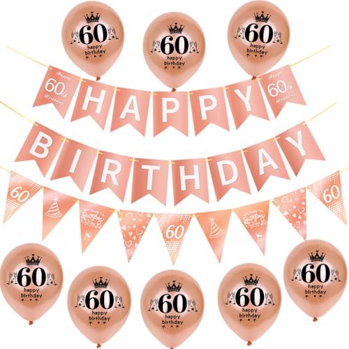 Rosegold Girlande Happy 60th Birthday Banner +60th Geburtstag Triangle Flag Banner + 8 pcs Happy 60th Birthday luftballons 60.Geburtstag deko für Frau Mädchen,60 Geburtstag Frauen party dekoration von Hongyantech