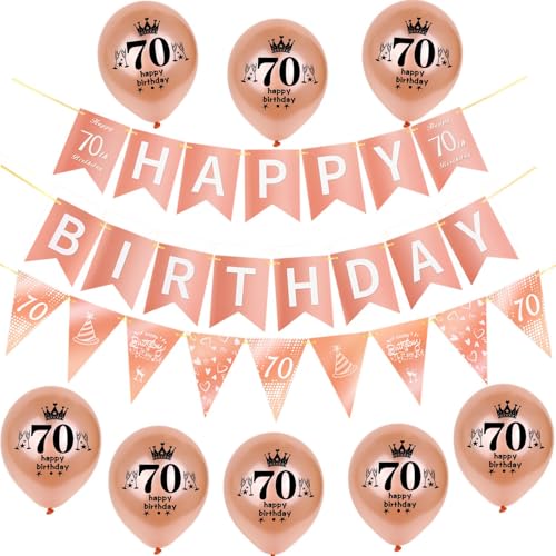 Rosegold Girlande Happy 70th Birthday Banner +70th Geburtstag Triangle Flag Banner + 8 pcs Happy 70th Birthday luftballons 70.Geburtstag deko für Frau Mädchen,70 Geburtstag Frauen party dekoration von Hongyantech