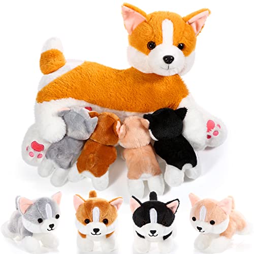 Honoson Pflegender Hund Stofftier mit Welpen Set Stillende Mama Hunde Plüschtier mit 4 Baby Welpen Weiche Süße Kuscheltiere für Mädchen Jungen Kinder Geburtstag Geschenke Party Mitgebsel(Corgi) von Honoson