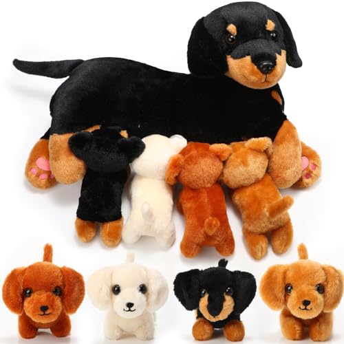 Honoson Pflegender Hund Stofftier mit Welpen Set Stillende Mama Hunde Plüschtier mit 4 Baby Welpen Weiche Süße Kuscheltiere für Mädchen Jungen Kinder Geburtstag Geschenke Party Mitgebsel(Dackel Hund) von Honoson