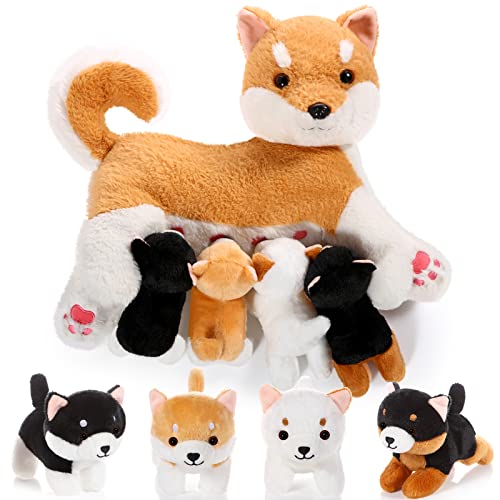 Honoson Pflegender Hund Stofftier mit Welpen Set Stillende Mama Hunde Plüschtier mit 4 Baby Welpen Weiche Süße Kuscheltiere für Mädchen Jungen Kinder Geburtstag Geschenke Party Mitgebsel(Shiba Inu) von Honoson