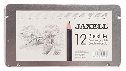 Honsell 8001 - Jaxell Bleistift Set, 12 Bleistifte im Metalletui, Härtegrade von 4H - 6B, schwarz lackiert, ungiftig, Sechskantform von Honsell