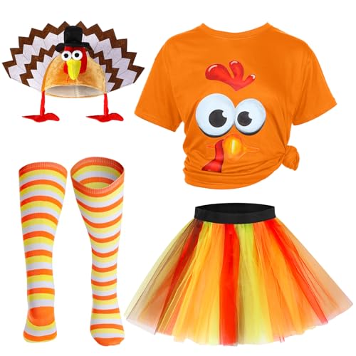 HooLing 4-teiliges Thanksgiving-Kostüm-Set für Damen, Türkei-Gesicht, T-Shirt, Tutu, Rock, kniehohe Socken, Gobbler-Hüte (Größe XL, Orange) von HooLing