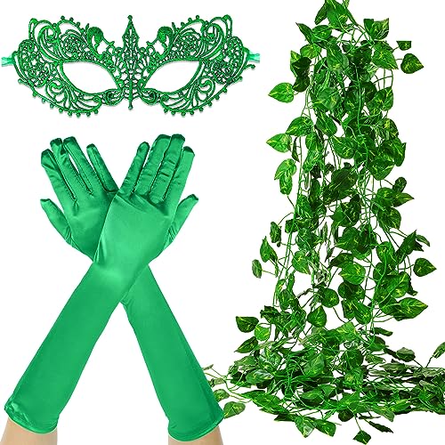 HooLing 7-teiliges Halloween-Cosplay-Kostüm-Set, grün, für Damen, inklusive grüner Spitze, Maskenmaske, Ellenbogenhandschuhe, 5 Stück, hängende künstliche Reben für Halloween, Party, Abschlussball, von HooLing