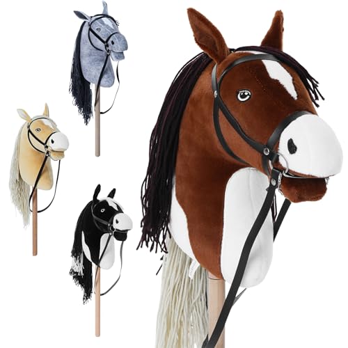 Hoofly® Hobby Horse Braun (Schecke) - Großes Steckenpferd für Kinder A3 mit Schraubstab/Hobby Horse Pferde Set mit Trense/Hobby Horsing Pferd in 4 Designs/Steckenpferde Stockpferd mit Zubehör von Hoofly