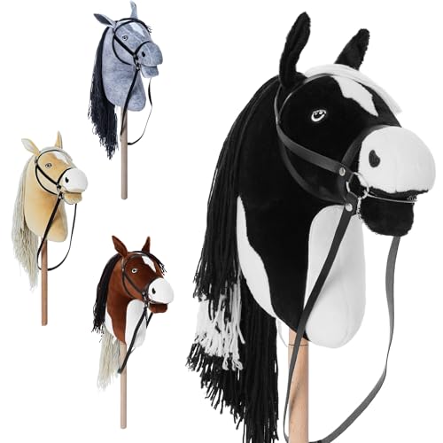 Hoofly® Hobby Horse Schwarz (Schecke) - Großes Steckenpferd für Kinder A3 mit Schraubstab/Hobby Horse Pferde Set mit Trense/Hobby Horsing Pferd in 4 Designs/Steckenpferde Stockpferd mit Zubehör von Hoofly