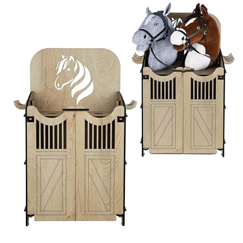 Hoofly Hobby Horse Stall - Praktisches Hobby Horse Zubehör mit Türen, Stauraum & Haken/Idealer Pferdestall Hobby Horsing Ständer 2 Pferde/Robuster Halter für 2 Hobby Horse Steckenpferde Stall Holz von Hoofly