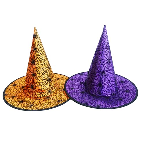 Hooin Halloween-Spinnennetz-Hexe-Zauberer-Hüte. Spinnennetz-Kostüm-Partyhut. 2er-Pack (Orange und Lila) von Hooin