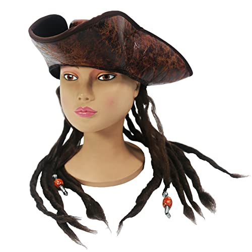 Hooin Luxuriöser Piratenkapitänshut mit Dreadlocks, Retro-Stil, braunes Leder, Party-Hut von Hooin