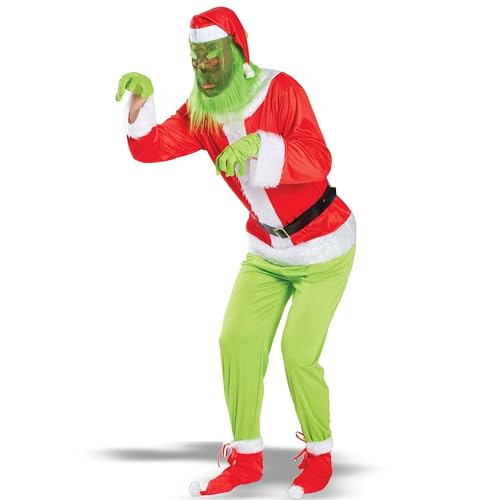 Weihnachtskostüm-Set. Weihnachtskostüm „Grünes Monster“. Mütze mit Maske, Kleidung, Hose, Handschuhe, Gürtel, Schuhüberzieher. 6er-Set. (L/XL) von Hooin