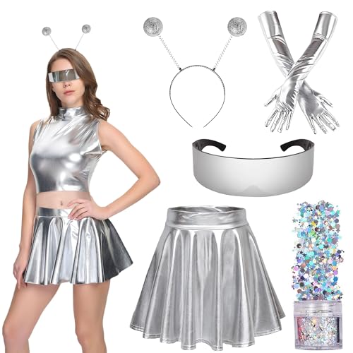 Hook 5pcs Alien Kostüm Set, Alien Kostüm Damen Cosplay Metallic Glitzer Outfits Damen Metallischer Faltenrock mit Alien Stirnband, Handschuhe, Brille und Paillettes für Maskerade Karneval, Gr. M von Hook