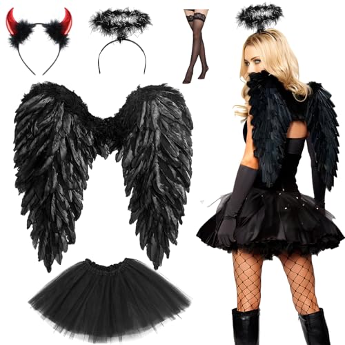 Hook Engelsflügel mit Heiligenschein,Engel und Teufel Flügel Kostüm für Damen und Mädchen Kinder für Halloween Karneval Cosplay Party Fasching Kostümparty Verkleidung-Schwarz von Hook