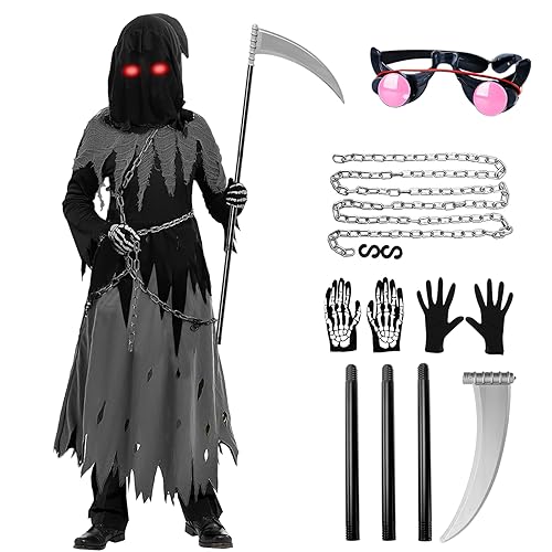 Hook Halloween Sensenmann Kostüm für Kinder Jungen, Schwarz Scream Kostüm mit Inklusive Sichel, Das, Handschuhen, Umhang mit Kapuze und Metallkette, für Ihre Halloween-Party, Cosplay von Hook