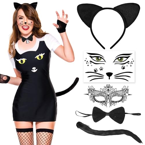 Hook Katzenohren Haarreif Katzenkostüm Damen mit Lace Venezianische Masken und Katzenschwanz Kostüm Set Katzenohren Fasching Kostüm Damen Katze für Katzen von Hook