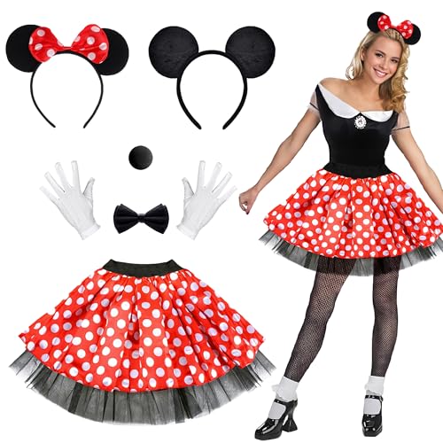 Hook Rock Punkte Rot Weiß Karneval Kostüm Damen Maus Mouse Kostüm Rot Weiß Schwarz mit Tutu Gepunktet + Haarreifen mit Maus Ohren und Schleife für Fasching Karneval Motto Party von Hook