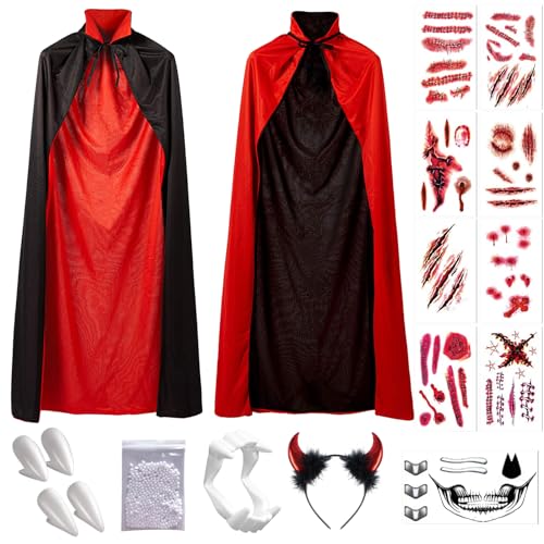 Hook Umhang Schwarz Rot Vampir Kostüm Cape Zauberer Mit Tod Kultfaktor Hexe für Kinder or Erwachsene Halloween Kostüm Mantel 140cm, 30 Temporäre Tattoos, Dentures, Teufel hörner von Hook