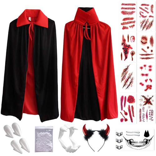 Umhang Schwarz Rot Vampir Teufel Kostüm Cape Zauberer Mit Tod Kultfaktor Hexe Umhang für Kinder or Erwachsene Halloween Kostüm Mantel Umhang 150cm, 30 Temporäre Tattoos, Dentures, Teufel hörner von Hook