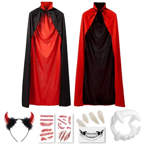 Vampir Umhang Erwachsene mit Kragen, Halloween Cape Vampir Kostüm Schwarz Rot Doppelseitig für Halloween Karneval Cosplay mit Teufel hörner, Temporäre Tattoos und Dentures (Gr. 140CM) von Hook