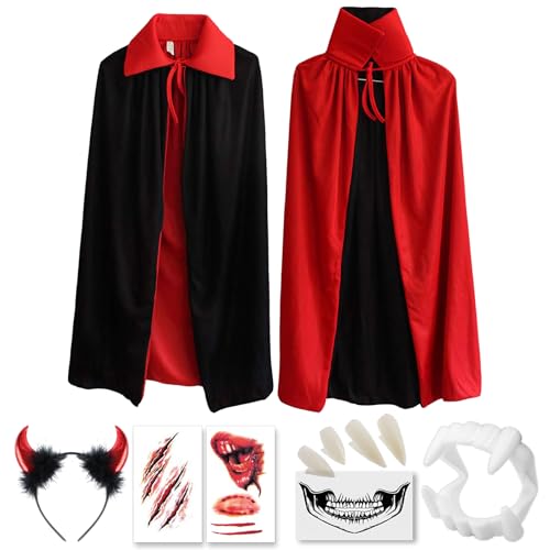 Vampir Umhang Kinder mit Kragen, Halloween Cape Vampir Kostüm Schwarz Rot Doppelseitig für Halloween Karneval Cosplay mit Teufel hörner, Temporäre Tattoos und Dentures (Gr. 80CM) von Hook